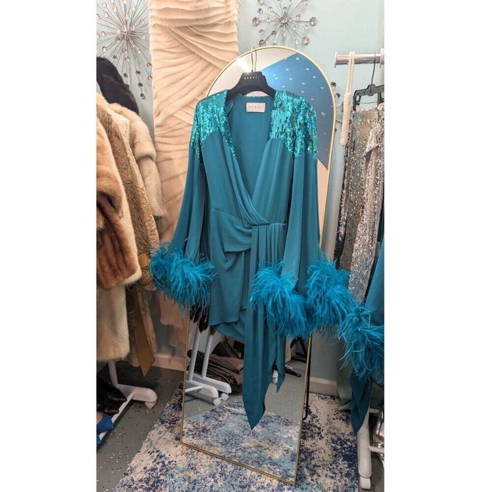 NWT Nervi Pami Teal Mini Dress with Sequin & Ostrich Feather Cuffs - Picture 11 of 12